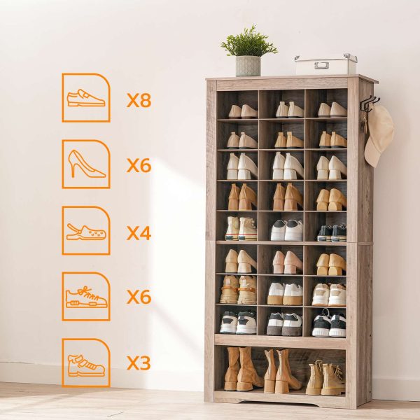 8-Tier Heavy-Duty Shoe Cabinet, Freestanding Shoe Storage Unit with 24 Compartments & 3 Hooks, Multi-Scenario Organizer for Entryway, Closet & Living Room