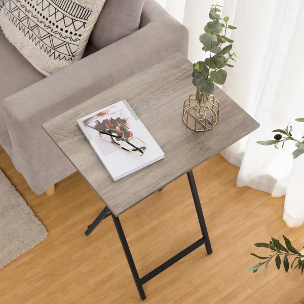 Tavolini porta TV pieghevoli (Insieme di 2), Grigio stile industriale & Tavolini neri per piccoli spazi, Tavoli snack stabili con struttura in metallo adatti per l'uso sul divano, Design salvaspazio con facile montaggio