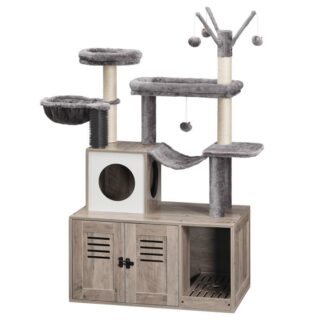 Suuri piilotettu roskarasia, Cat Tree with 30.7'' Pitkä roskaraatikon kotelo, Moderni Cat Tower, Kissan asunnot, joissa on raapimistolpat, Hierova Post, Riippumatot ja kiukuttelijat, kreikkalainen