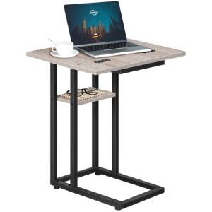 Foldable C-Shaped End Table with Storage Shelf, Grey & Black Compact Side Table for Living Room, Bedroom and Small Spaces, Easy Assembly