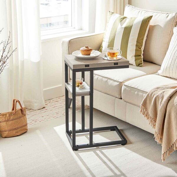 Foldable C-Shaped End Table with Storage Shelf, Grey & Black Compact Side Table for Living Room, Bedroom and Small Spaces, Easy Assembly