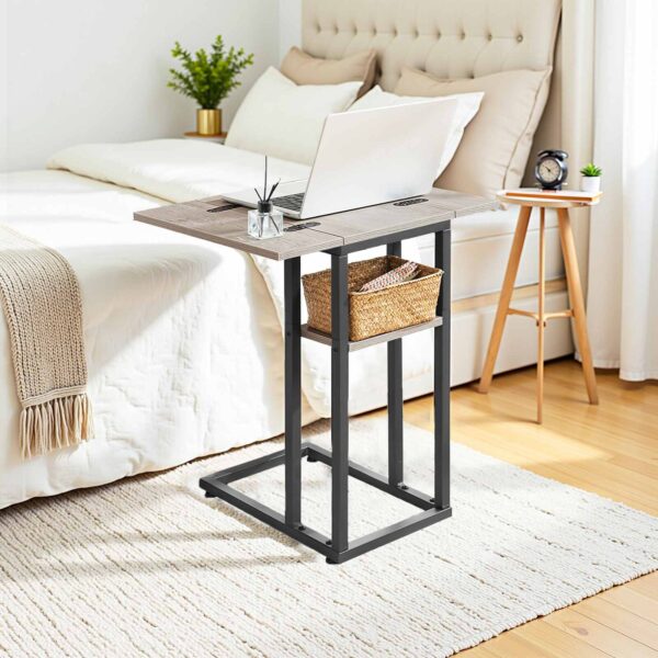 Foldable C-Shaped End Table with Storage Shelf, Grey & Black Compact Side Table for Living Room, Bedroom and Small Spaces, Easy Assembly
