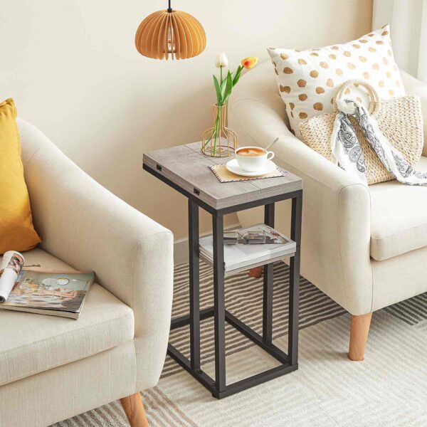 Foldable C-Shaped End Table with Storage Shelf, Grey & Black Compact Side Table for Living Room, Bedroom and Small Spaces, Easy Assembly