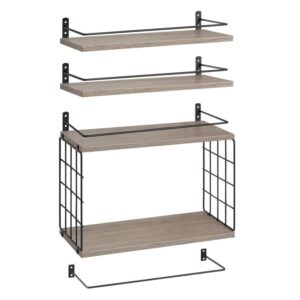 4+1 tier floating shelves, bathroom shelves over toilet with wire storage basket, wall mounted floating shelf for wall decor, wall shelf for bedroom living room kitchen greige