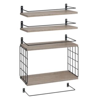 4+1 tier floating shelves, bathroom shelves over toilet with wire storage basket, wall mounted floating shelf for wall decor, wall shelf for bedroom living room kitchen greige