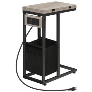c shaped side table with charging station, foldable end table with fabric bag, sofa table coffee table snack table for couch small space living room, bedroom, greige and black