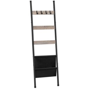 Blanket Ladder, 5 Tier Towel Rack, 17.3" L x 63" H, Wall-Leaning Blanket Rack, Decorative Ladder Shelf with 4 Hooks and Pocket, Drying and Display Rack for Bathroom, Grey