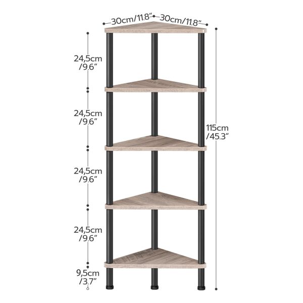 5-Tier Industrial Corner Shelf, Wall-Mounted Corner Bookshelf with Metal Frame, Multi-Functional Corner Display Rack for Plants, Flowers and Books, Passer for små mellomrom, Stue, gresk & Svart