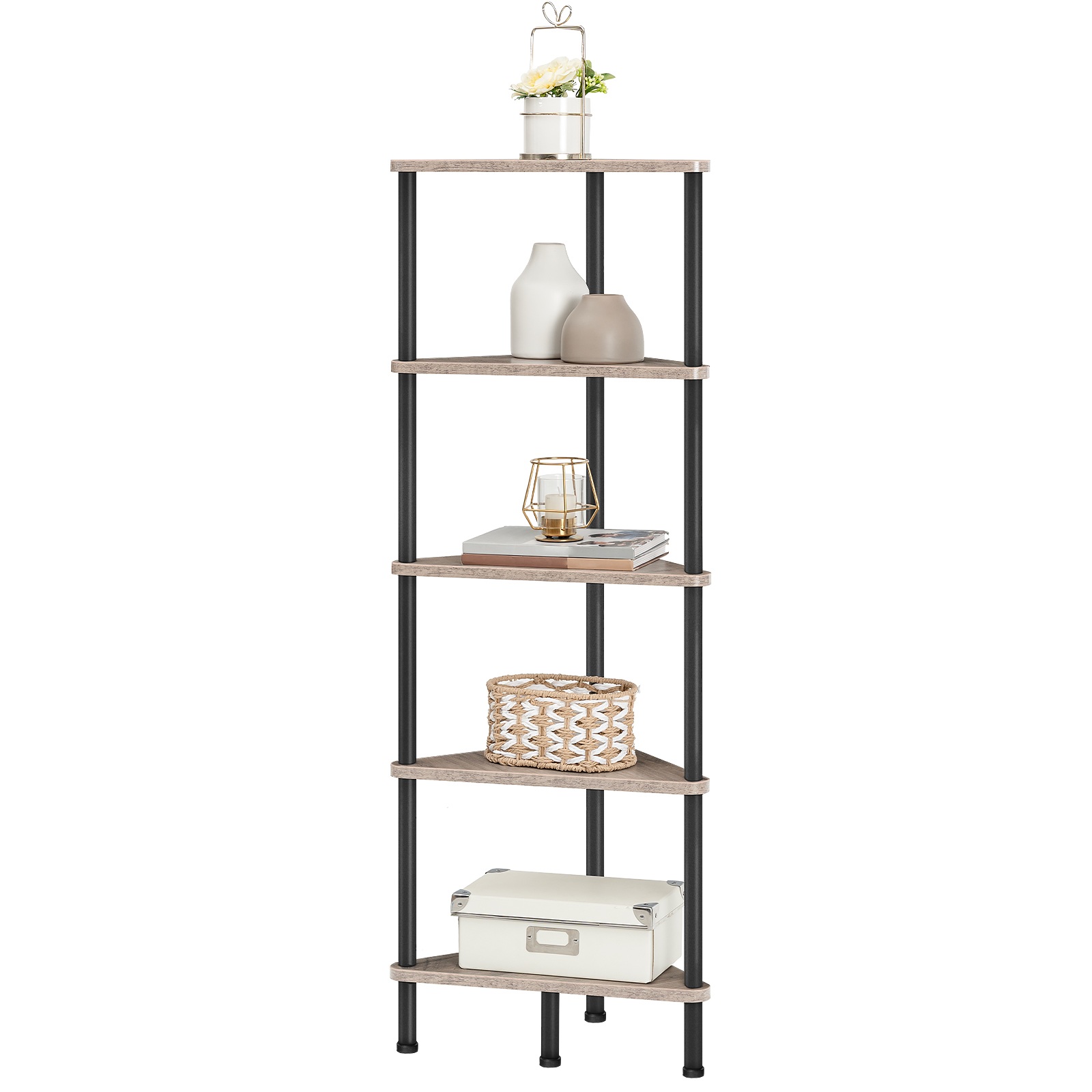 5-Tier Industrial Corner Shelf, Wall-Mounted Corner Bookshelf with Metal Frame, Multi-Functional Corner Display Rack for Plants, Flowers and Books, Passer for små mellomrom, Stue, gresk & Svart