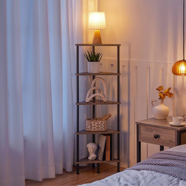 5-Tier Industrial Corner Shelf, Wall-Mounted Corner Bookshelf with Metal Frame, Multi-Functional Corner Display Rack for Plants, Flowers and Books, Passer for små mellomrom, Stue, gresk & Svart