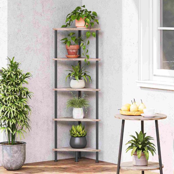 5-Tier Industrial Corner Shelf, Wall-Mounted Corner Bookshelf with Metal Frame, Multi-Functional Corner Display Rack for Plants, Flowers and Books, Passer for små mellomrom, Stue, gresk & Svart