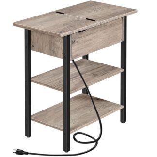 Side Table, Flip End Table with Charging Station and Shelves, USB Ports & Power Outlets, Narrow Nightstand for Small Spaces, Living Room, Stable and Sturdy, Greige and Black