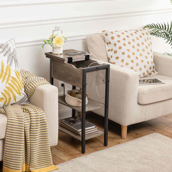طاولة جانبية قابلة للطي مع محطة شحن ورف تخزين, طاولة جانبية ضيقة للمساحات الصغيرة, هيكل مستقر, رمادي & أسود