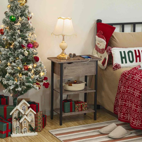 طاولة جانبية قابلة للطي مع محطة شحن ورف تخزين, طاولة جانبية ضيقة للمساحات الصغيرة, هيكل مستقر, رمادي & أسود