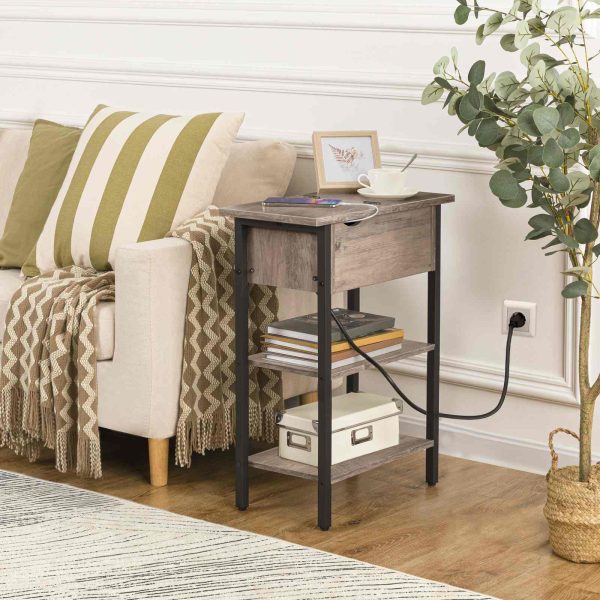 طاولة جانبية قابلة للطي مع محطة شحن ورف تخزين, طاولة جانبية ضيقة للمساحات الصغيرة, هيكل مستقر, رمادي & أسود