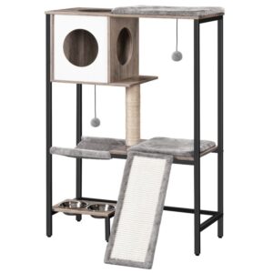 wooden cat tree, versatile cat tower with scratching post, cat hammock and food bowls, 4-tier pet house for indoor cats, multi-cat families, greige
