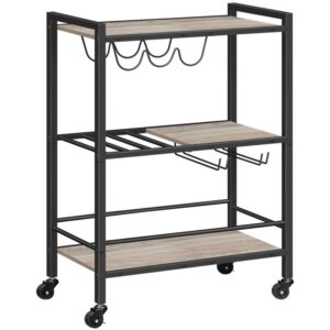 bar cart for the home, 3-tier kitchen cart with wheels, coffee cart, wine cart with wine rack and glass holder, rolling serving cart for living room, party, bar, grey and black