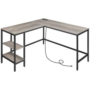 l shaped computer desk with charging station, industrial corner writing desk with adjustable shelves, study workstation for home office, stable and space-saving, greige and black