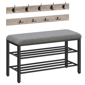 Coat Rack Shoe Bench Set, Hallway Hall Tree, Padded Shoe Rack Bench, 9 Hooks, 3-Tier Storage Shelf, for Hallway, Living Room, Bedroom, Grey and Black