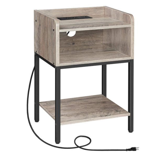 Grey Nightstand with Integrated Charging Station, Space-Saving End Table with Open Compartment and Multi-Port Power Supply for Bedroom & Små mellomrom