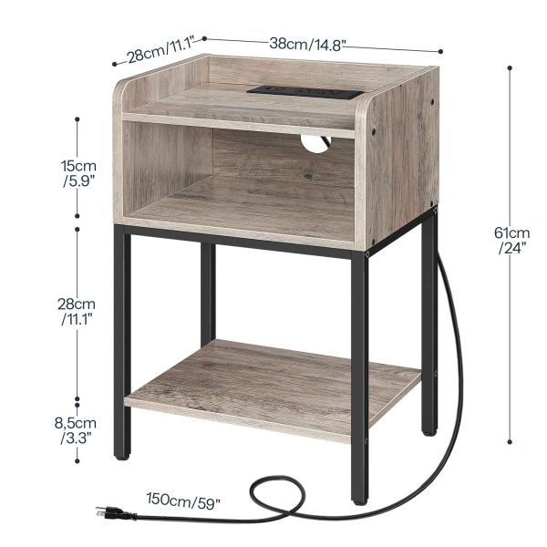 Grey Nightstand with Integrated Charging Station, Space-Saving End Table with Open Compartment and Multi-Port Power Supply for Bedroom & Små mellomrom
