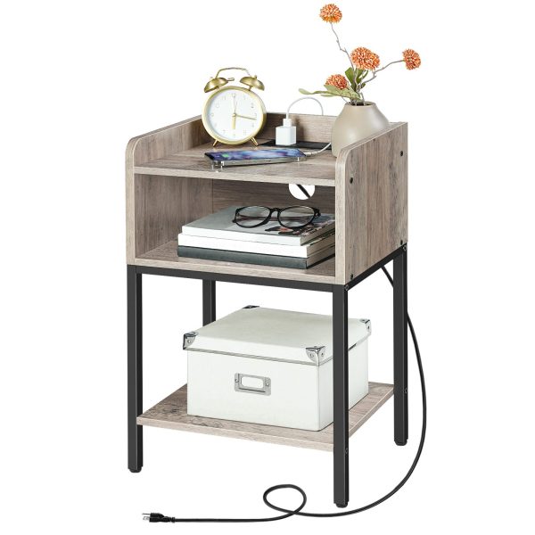 Grey Nightstand with Integrated Charging Station, Space-Saving End Table with Open Compartment and Multi-Port Power Supply for Bedroom & Små mellomrom