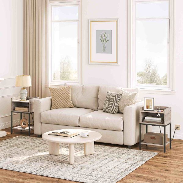 Grey Nightstand with Integrated Charging Station, Space-Saving End Table with Open Compartment and Multi-Port Power Supply for Bedroom & Små mellomrom