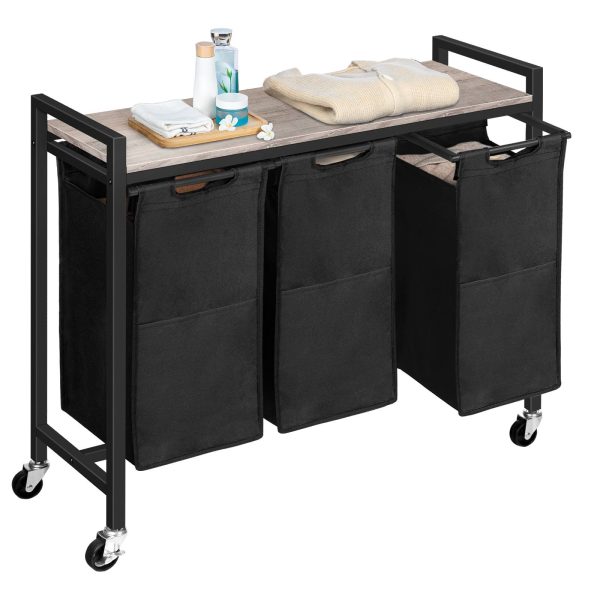 4-Section Laundry Sorter Hamper with Wheels, 4×39.8L Rolling Laundry Cart, Pull-Out Removable Oxford Fabric Bags, Grey & Black, with Top Shelf & Side Pockets