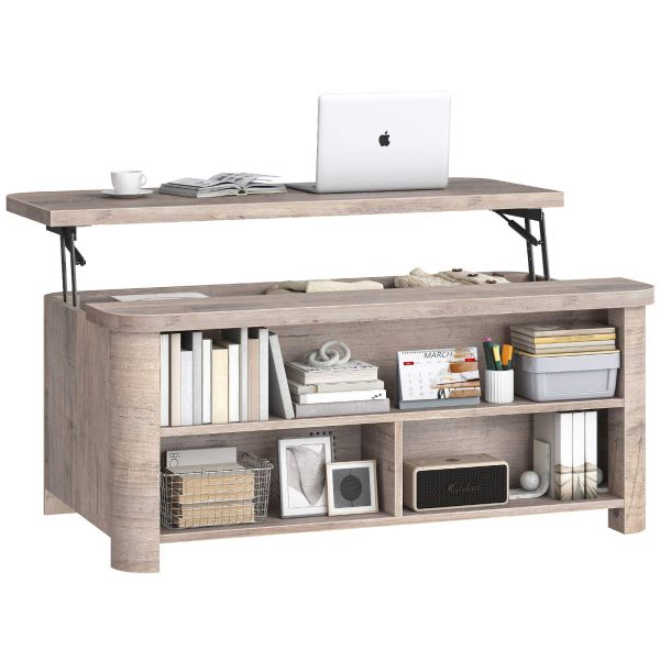 Lift-Top Coffee Table, Multifunctional Grey Center Table with Hidden Compartment and 3 Open Shelves, Suitable for Living Room & Office