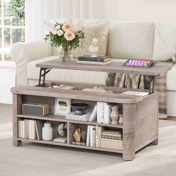 Lift-Top Coffee Table, Multifunctional Grey Center Table with Hidden Compartment and 3 Open Shelves, Suitable for Living Room & Office