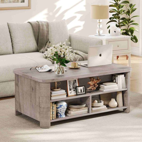 Lift-Top Coffee Table, Multifunctional Grey Center Table with Hidden Compartment and 3 Open Shelves, Suitable for Living Room & Office