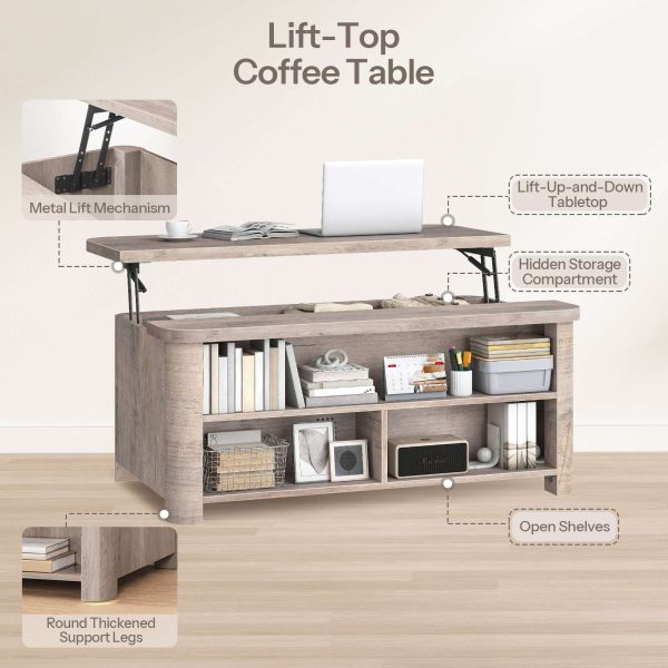 Lift-Top Coffee Table, Multifunctional Grey Center Table with Hidden Compartment and 3 Open Shelves, Suitable for Living Room & Office