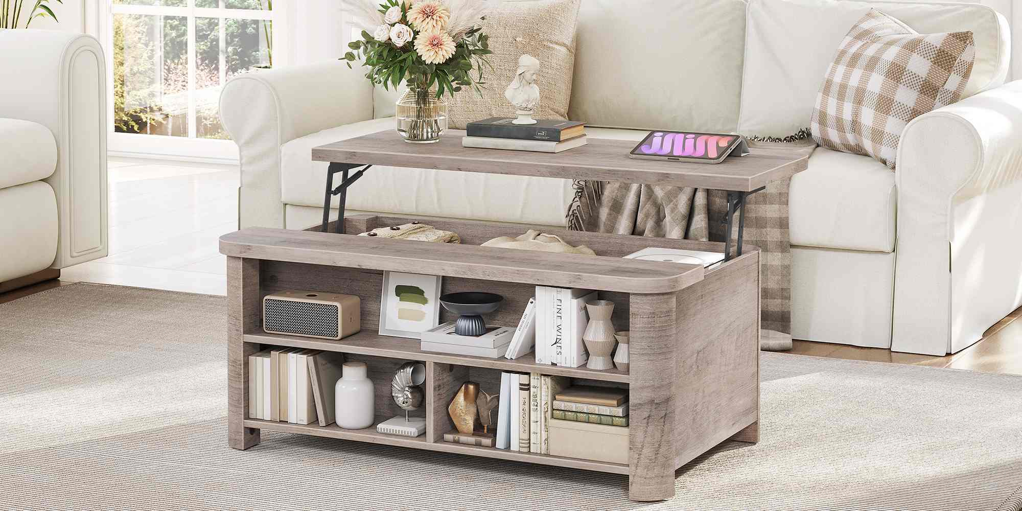 Lift-Top Coffee Table, Multifunctional Grey Center Table with Hidden Compartment and 3 Open Shelves, Suitable for Living Room & Office