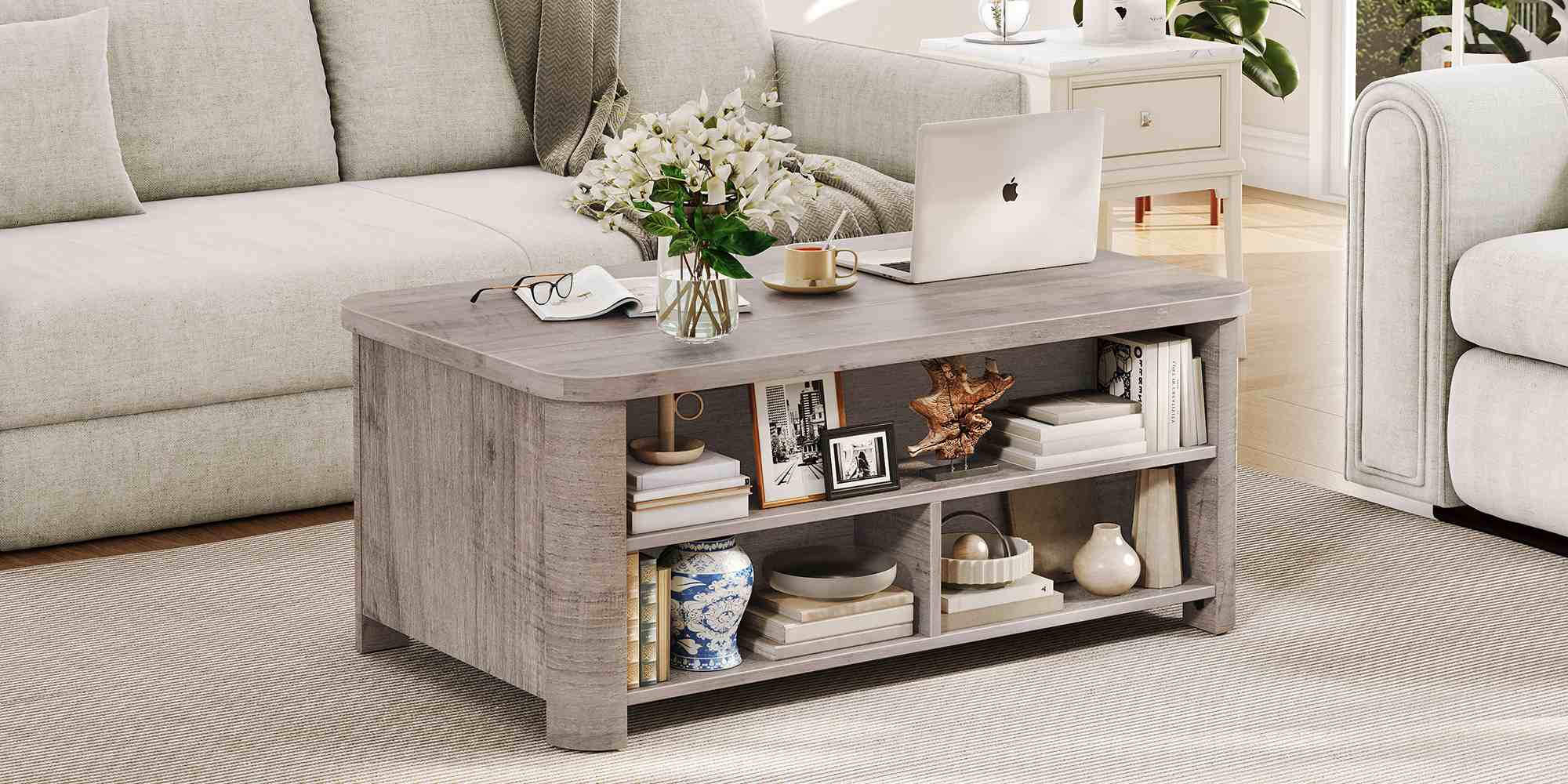 Lift-Top Coffee Table, Multifunctional Grey Center Table with Hidden Compartment and 3 Open Shelves, Suitable for Living Room & Office
