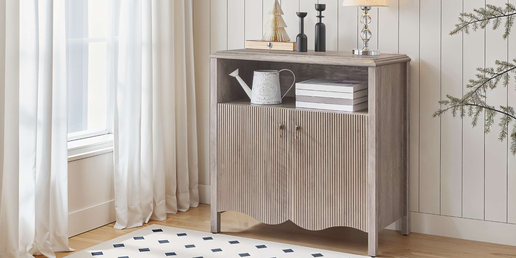 Oriental-Style Greige Console Table, Engineered Wood Entryway Storage Cabinet with Adjustable Shelf, Multi-Scenario Buffet Sideboard