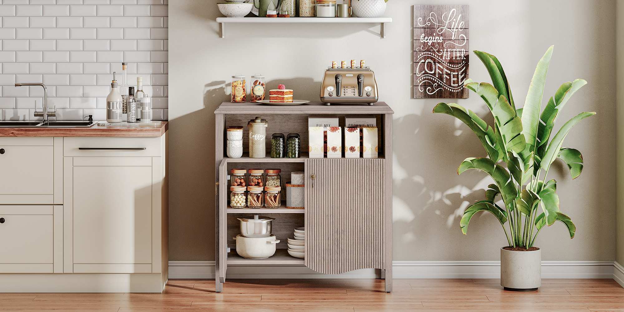 Oriental-Style Greige Console Table, Engineered Wood Entryway Storage Cabinet with Adjustable Shelf, Multi-Scenario Buffet Sideboard