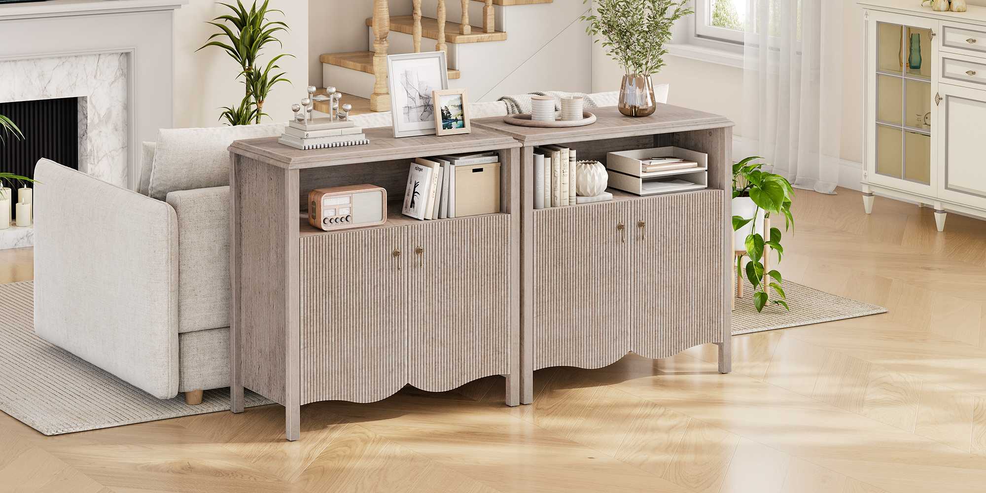 Oriental-Style Greige Console Table, Engineered Wood Entryway Storage Cabinet with Adjustable Shelf, Multi-Scenario Buffet Sideboard