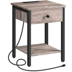 Nightstand, End Table with Charging Station and USB Ports, Side Table with Drawer and Storage Shelf, Bedside Table for Small Spaces and Bedroom, Grey and Black