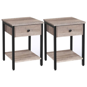 set of 2 nightstands, 2-tier end table, industrial side table with drawer and storage shelf, wood accent table with metal frame, easy assembly, greige and black