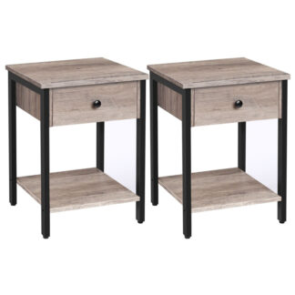 set van 2 nachtkastjes, 2-eindtafel op niveau, Industriële bijzettafel met lade en opslagplank, houten accenttafel met metalen frame, Eenvoudige montage, Greige en zwart