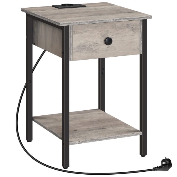 Comodino grigio con stazione di ricarica e porte USB, Dotato di cassetto e ripiano portaoggetti, Design salvaspazio per la camera da letto