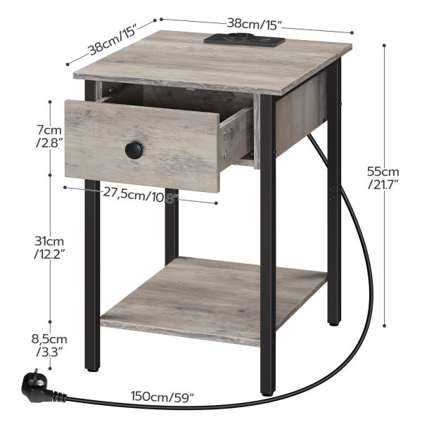 Comodino grigio con stazione di ricarica e porte USB, Dotato di cassetto e ripiano portaoggetti, Design salvaspazio per la camera da letto