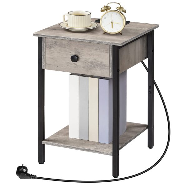 Comodino grigio con stazione di ricarica e porte USB, Dotato di cassetto e ripiano portaoggetti, Design salvaspazio per la camera da letto