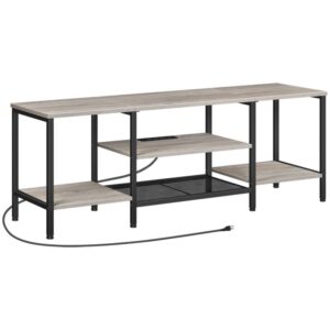 grey tv stand with power outlets to 65 inches, tv console table with open storage shelves cabinet, industrial media entertainment center for living room bedroom, greige and black