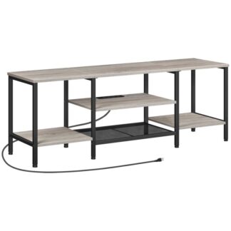 Szürke TV -állvány tápegységekkel 65 hüvelyk, TV -konzol asztal nyitott tárolópolcokkal szekrény, Ipari média szórakoztató központ a nappali hálószobához, greige és fekete