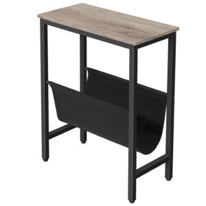 narrow end table, side table for small spaces, slim nightstand with magazine holder, modern skinny sofa table, bedside table, snack couch table, greige and black
