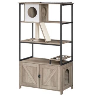 Kissan pentueen kotelo ja irrotettava kissapuu, Suuret piilotetut pentuekalvokalusteet, joissa on ruokakulho, Kissatorni naarmuuntuneella pylväällä, Muhkeat matto, 31.4" L x 17,7" W x 55,5" H, kreikkalainen,