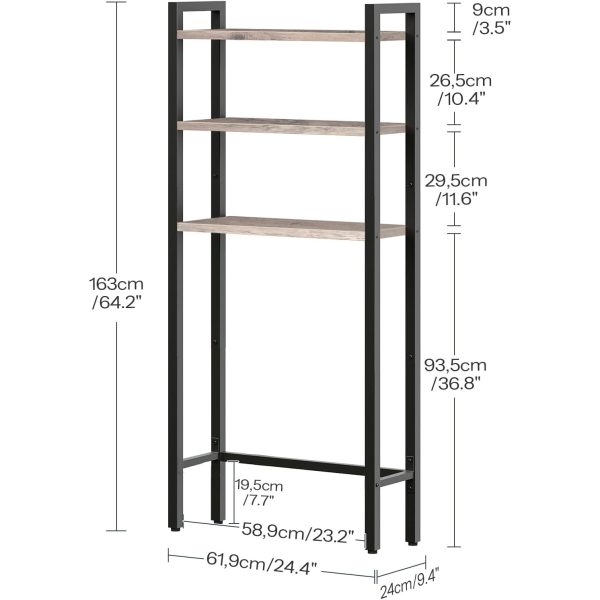 3-Tier Industrial Over-the-Toilet Storage Rack, Grey & Black Multifunctional Bathroom Organizer, Space-Saving Shelving Unit for Bathroom, Easy Assembly