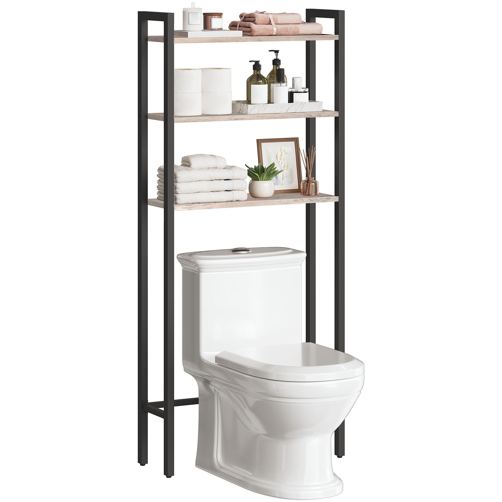 3-Tier Industrial Over-the-Toilet Storage Rack, Grey & Black Multifunctional Bathroom Organizer, Space-Saving Shelving Unit for Bathroom, Easy Assembly