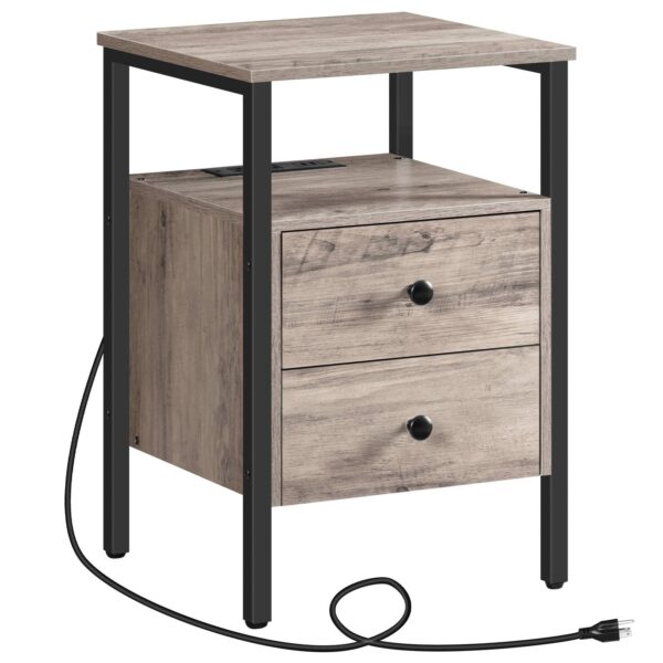 Multifunctional End Table with Charging Station, Grey & Black 2-Drawer Storage & Open Shelves, Bedside Side Table for Small Spaces, Living Room & Home Office